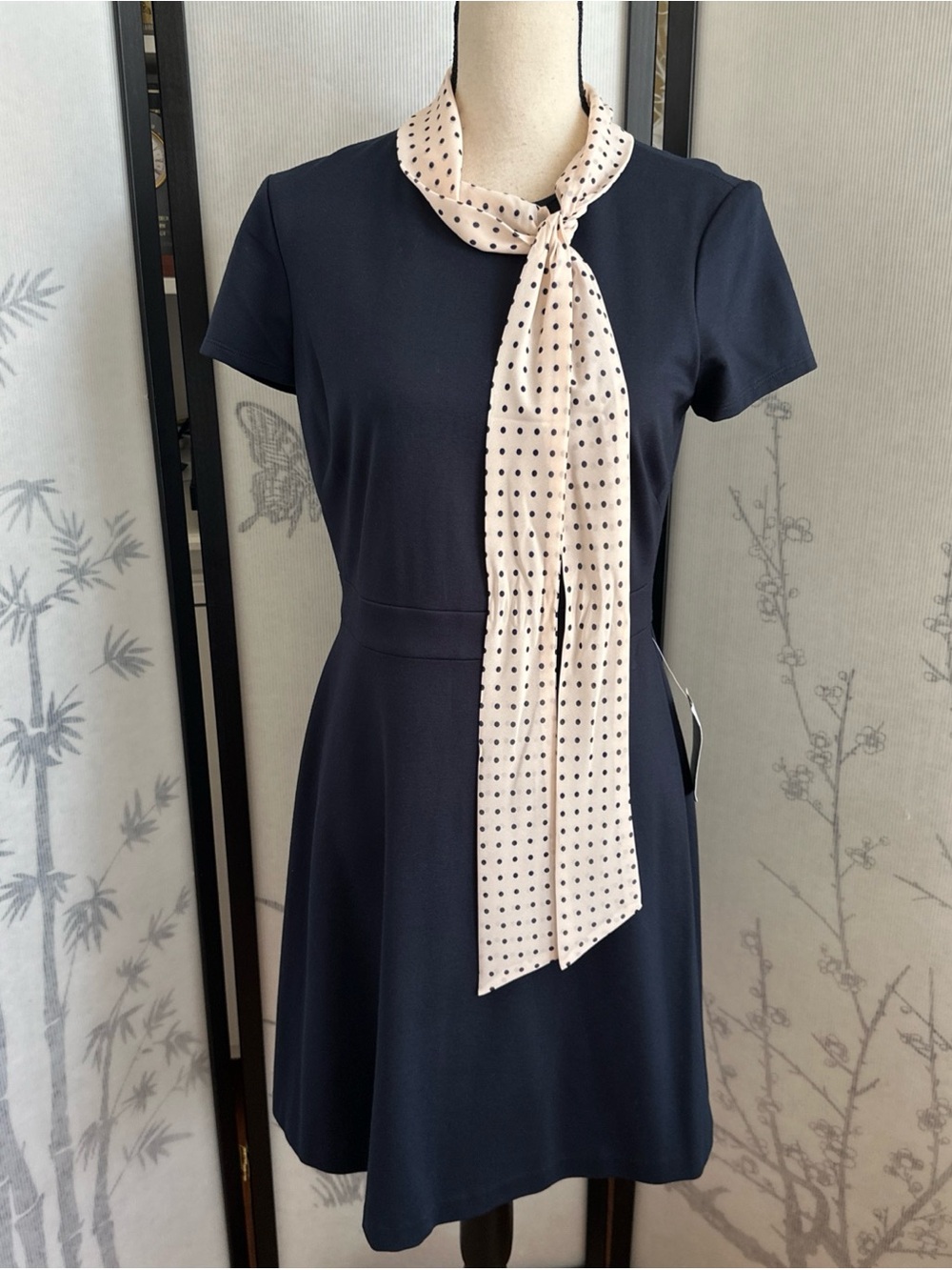 1901 Navy Short-Sleeve Fit-and-Flare Dress with Cream Polka Dot Scarf